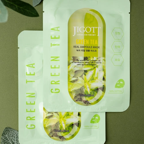 JIGOTT Green Tea Real Ampoule Mask, Soothing + Purifying + Sebum Care