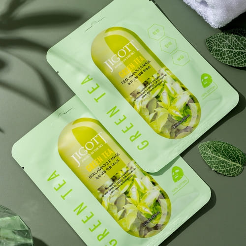 JIGOTT Green Tea Real Ampoule Mask, Soothing + Purifying + Sebum Care