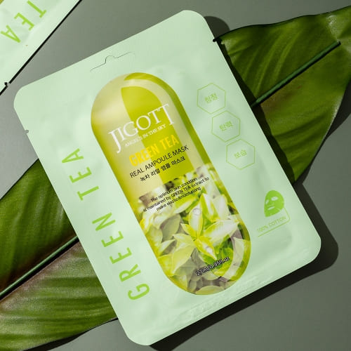 JIGOTT Green Tea Real Ampoule Mask, Soothing + Purifying + Sebum Care