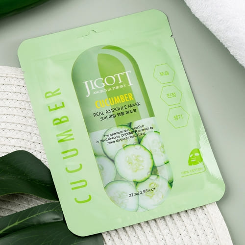 JIGOTT Cucumber Real Ampoule Mask, Cooling + Moisturizing + Pore Calming