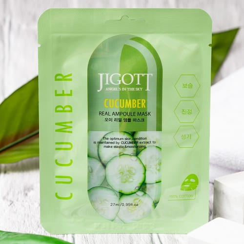 JIGOTT Cucumber Real Ampoule Mask, Cooling + Moisturizing + Pore Calming