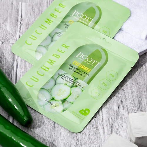 JIGOTT Cucumber Real Ampoule Mask, Cooling + Moisturizing + Pore Calming