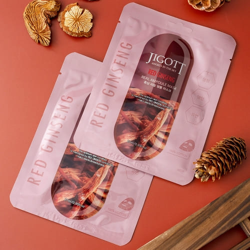 JIGOTT Red Ginseng Real Ampoule Mask, Elasticity + Nourishment , Ginseng Extract