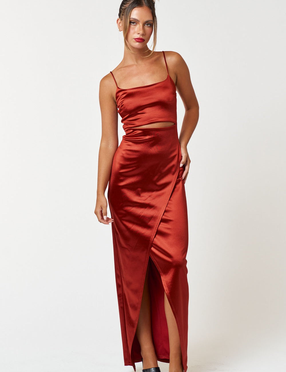 IBD20910 Satin Cut Out Wrapped Sleeveless Maxi Dress