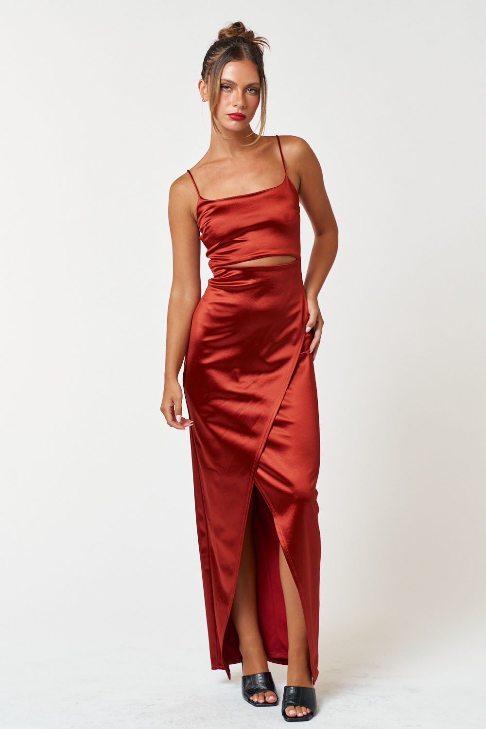 IBD20910 Satin Cut Out Wrapped Sleeveless Maxi Dress