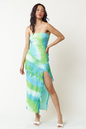 BD23327-7 Printed Ruffle Detail Tube Maxi Dress