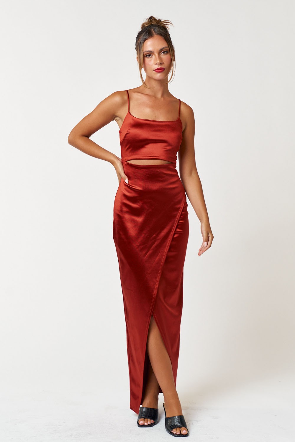 IBD20910 Satin Cut Out Wrapped Sleeveless Maxi Dress