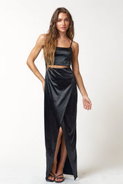 IBD20910 Satin Cut Out Wrapped Sleeveless Maxi Dress