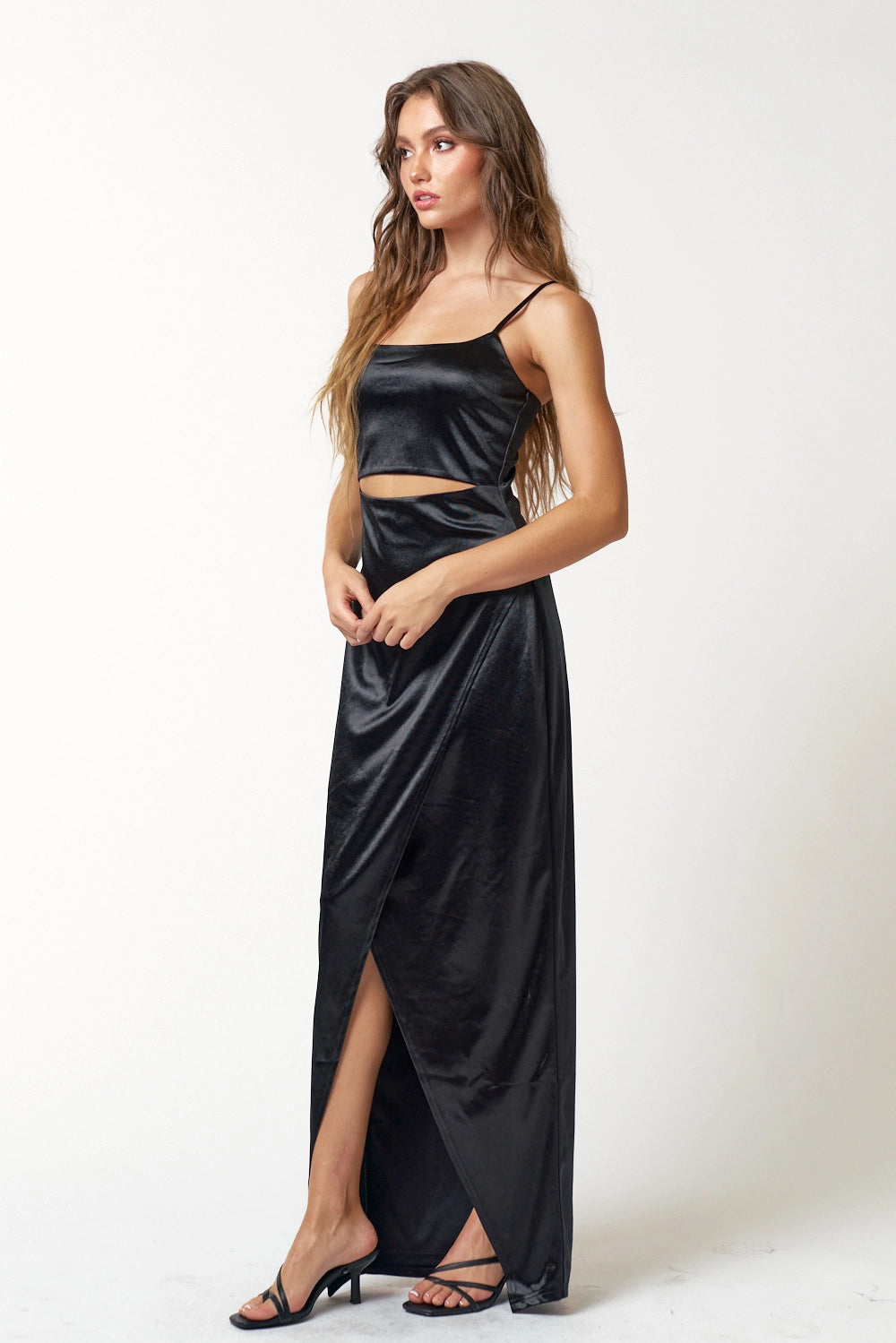 IBD20910 Satin Cut Out Wrapped Sleeveless Maxi Dress